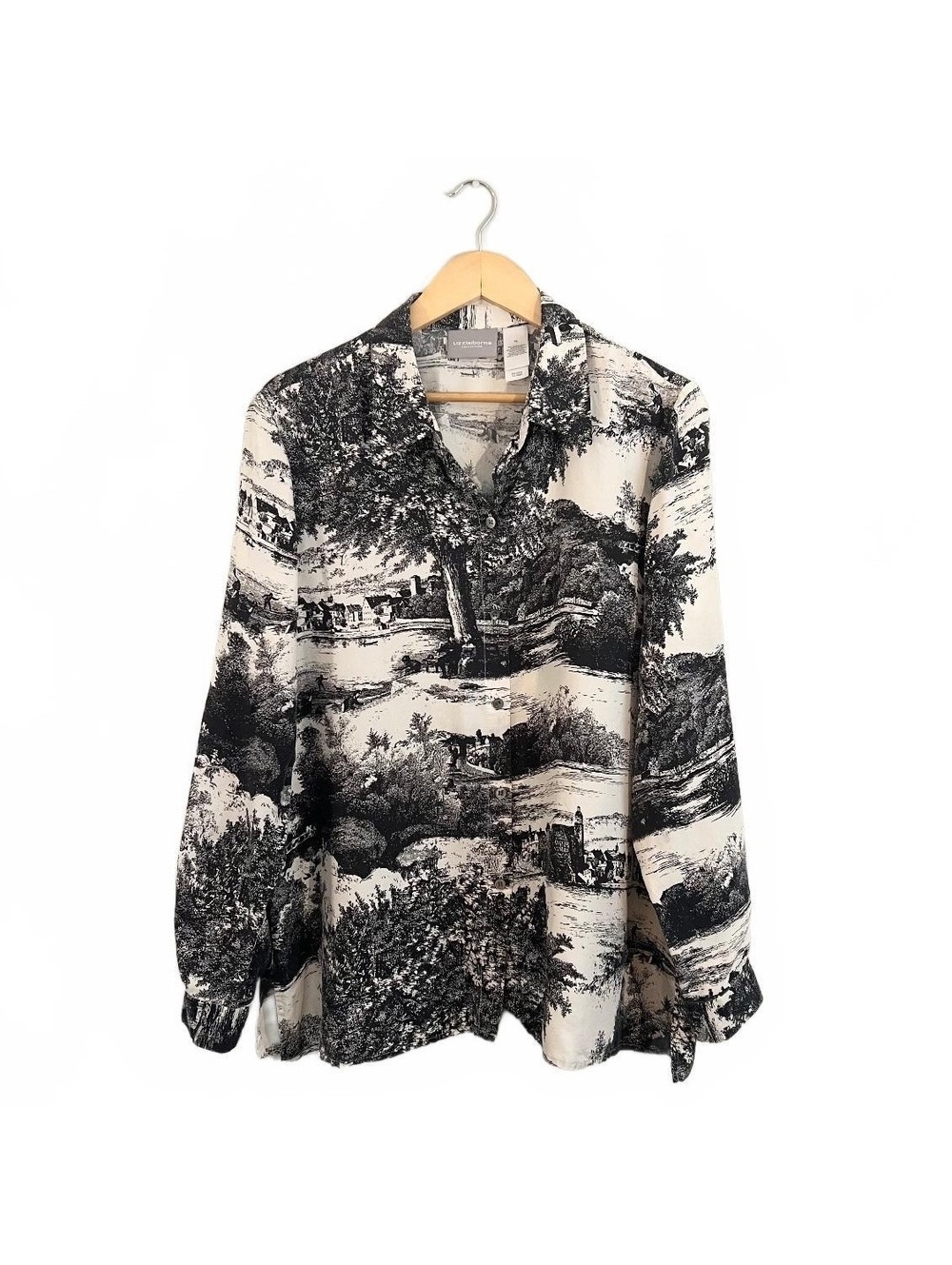 Liz Claiborne Silk White Black Pastoral Toile Landscape Button Up Shirt Office